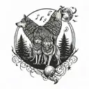 A pack of wolves howling at the moon surrounded by musical notes and trees tattoo design idea