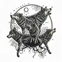 A pack of wolves howling at the moon surrounded by musical notes and trees tattoo design idea
