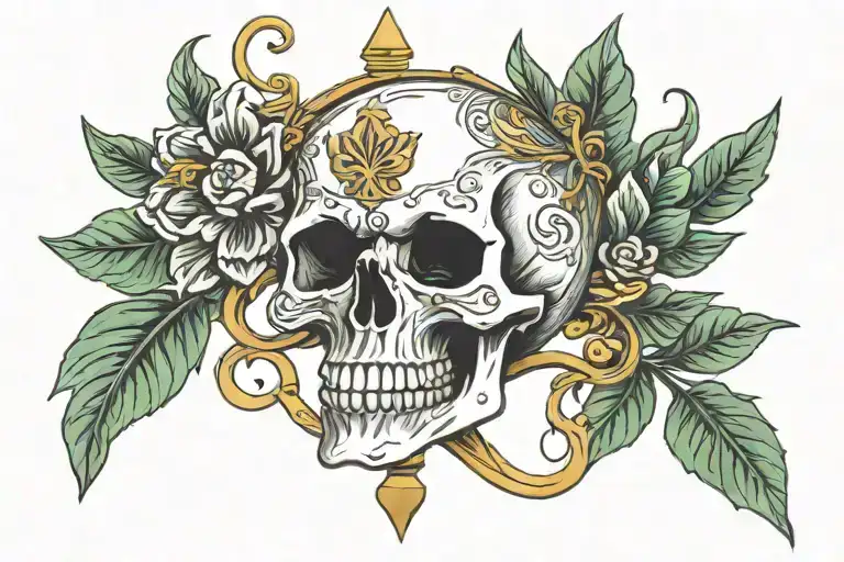 skull adorned with a laurel wreath surrounded by hourglass tattoo design idea