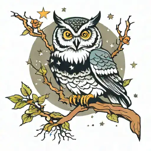 owl on branch at night  with orion constellation behind tattoo design idea