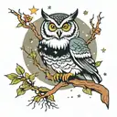 owl on branch at night  with orion constellation behind tattoo design idea