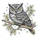 owl on branch at night  with orion constellation behind tattoo design idea