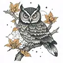 owl on branch at night  with orion constellation behind tattoo design idea