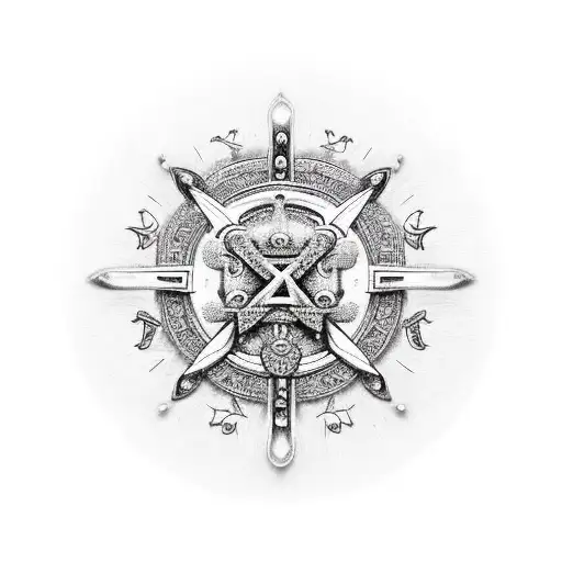 corona de rey con adornos de paloma, cruz y el signo de alfa y omega tattoo design idea