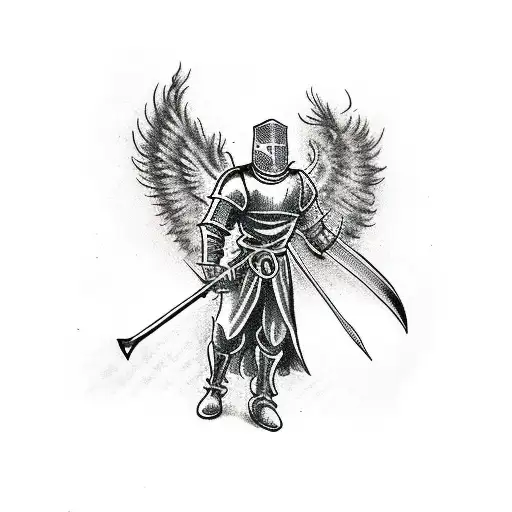 knight with angel wings holding a flaming sword tattoo design idea
