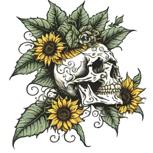 skull and sunflowers emerging tattoo design idea