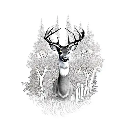 A serene and peaceful scene of a deer gracefully roaming through a forest tattoo design idea