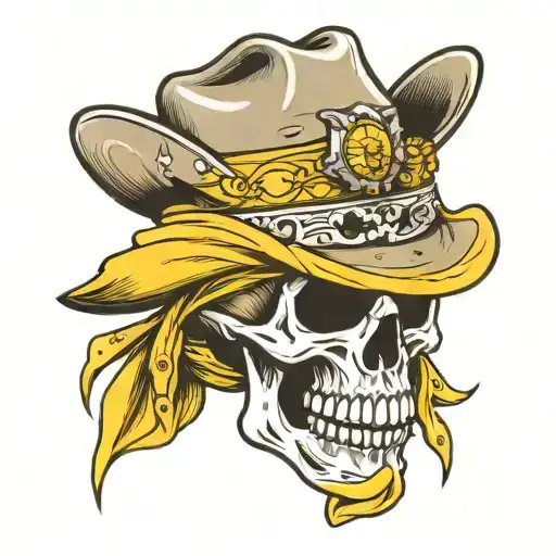 skull wearing cowboy hat with yellow neck bandana tattoo design idea
