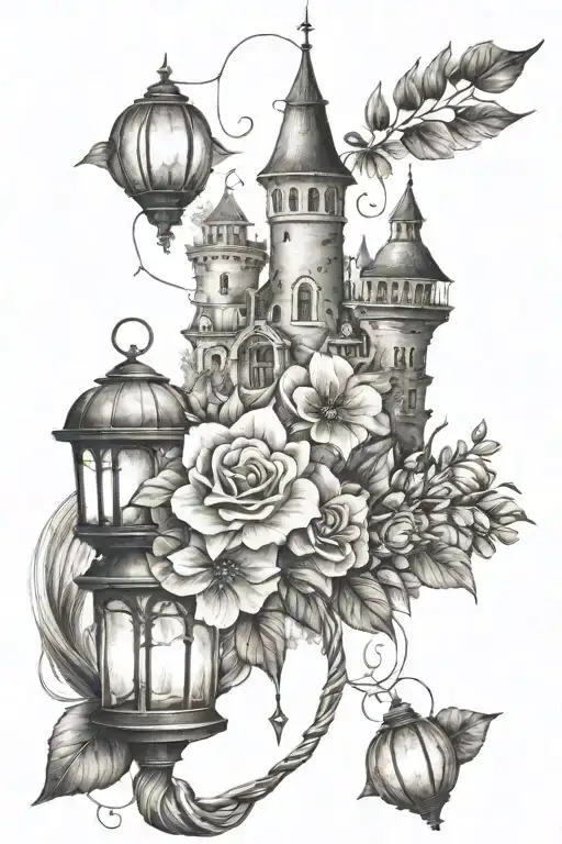 Rapunzel flower with lanterns, and the tower with the crown around it tattoo design idea