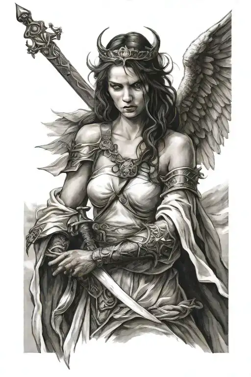 evil angelic woman holding a sword tattoo design idea
