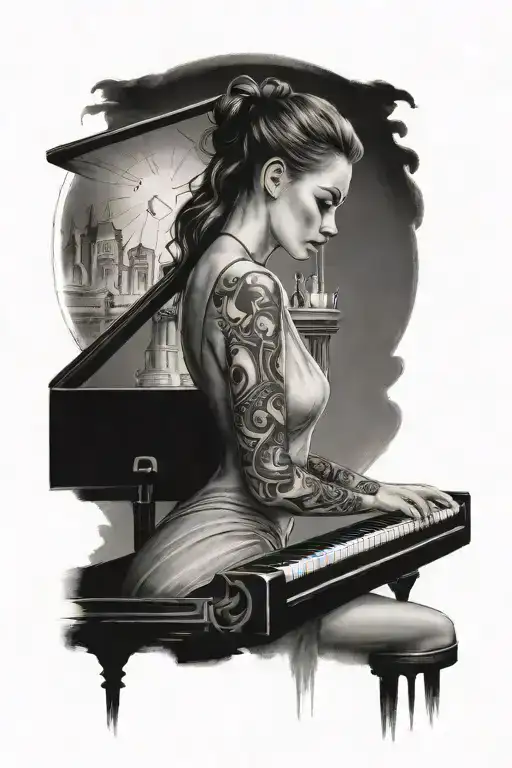 a beautiful woman playing piano with a dark an a sunny tond tattoo design idea