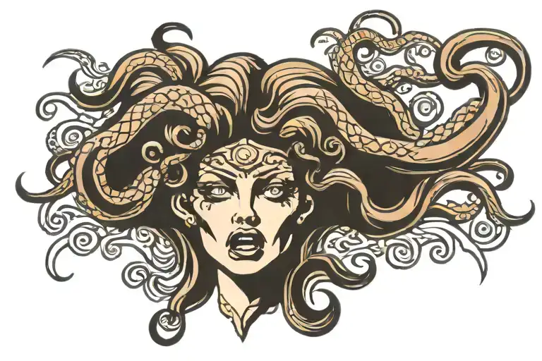 medusa head, angry, black eyes, black lightening from eyes tattoo design idea