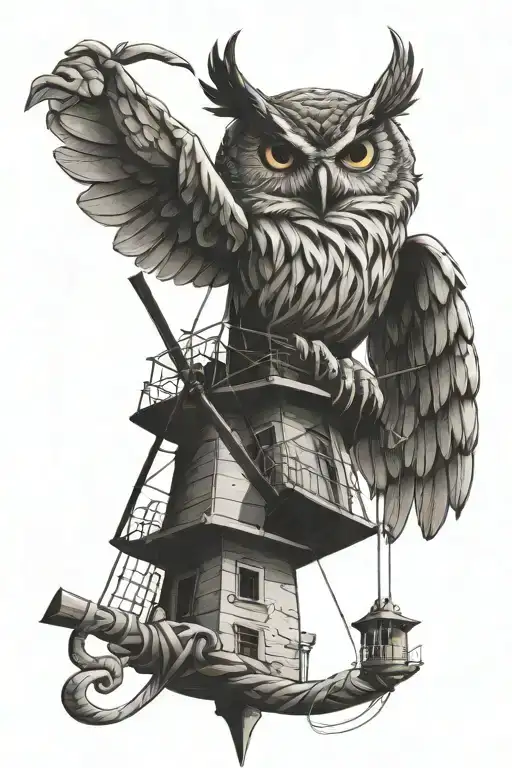 owl on a windmill, with a snake coiled tattoo design idea
