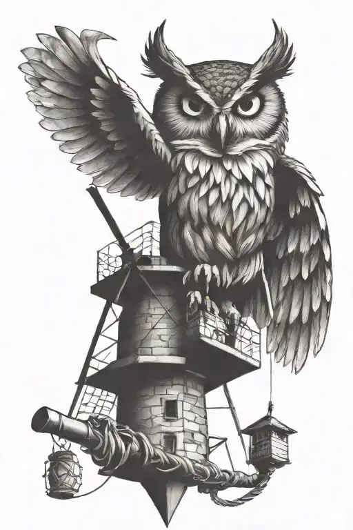 owl on a windmill, with a snake coiled tattoo design idea