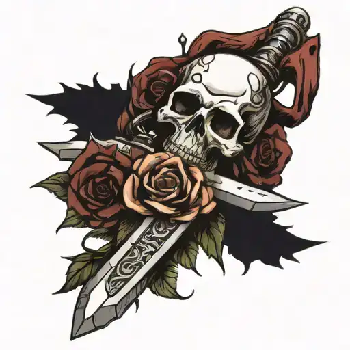sword with thorny rose wrapped around and skull on sword handle tattoo design idea