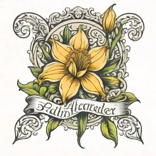 child's name incorporated within daffodil bud bursting. name is Alexander born 24/12/2022 tattoo design idea