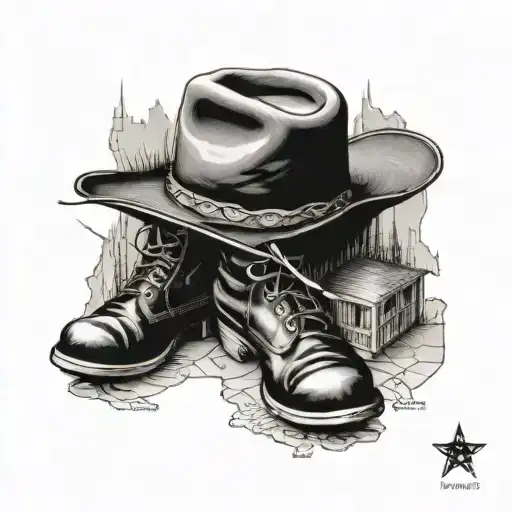 A map design incorporating the coordinates of your childhood home, with a cowboy hat and boots in black-grey shading tattoo design idea