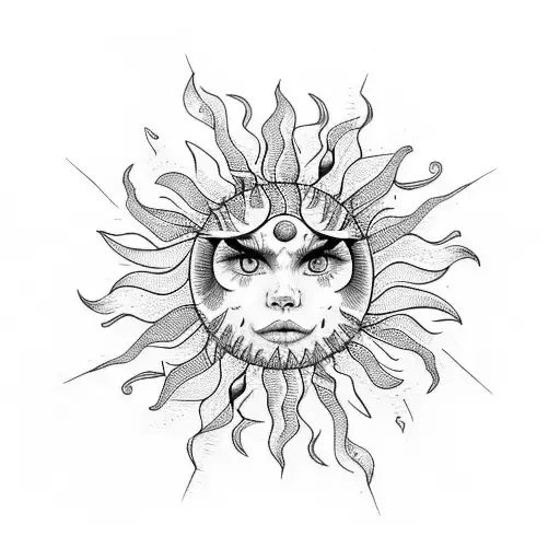 twisted sun lineart with fire tattoo design idea