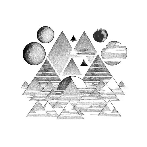 mountain, 3 moon phase of life, triangle, birds, forest, life tattoo design idea
