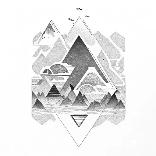 mountain, 3 moon phase of life, triangle, birds, forest, life tattoo design idea