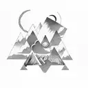 mountain, 3 moon phase of life, triangle, birds, forest, life tattoo design idea