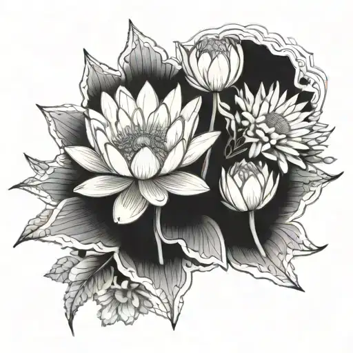 1 water lily and 1 daisy flower bouquet tattoo design idea