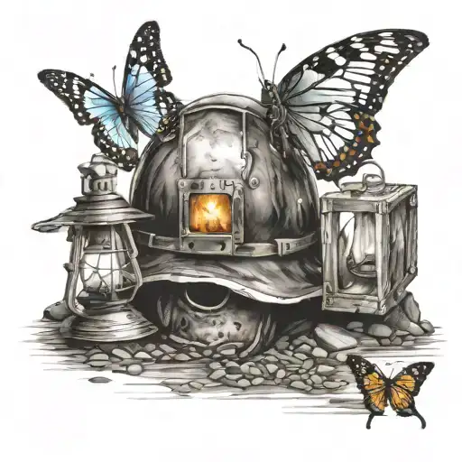 coal mine cave entrance with a mining helmet and a oil lamp sitting in front of it and a single butterfly  tattoo design idea