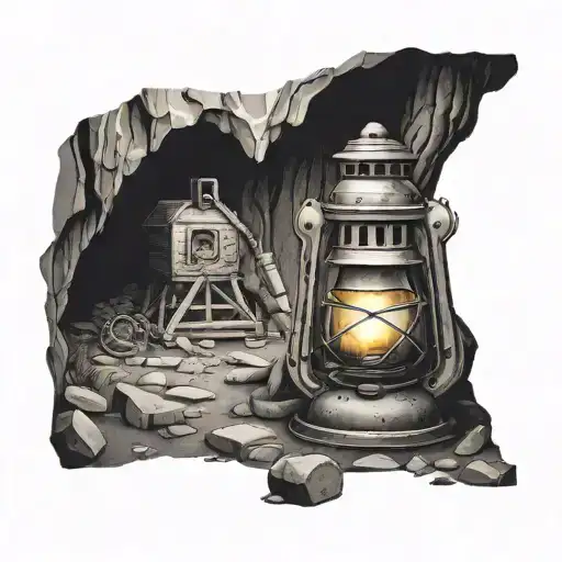 coal mine cave entrance with a mining helmet and oil lantern in front of it on the ground tattoo design idea