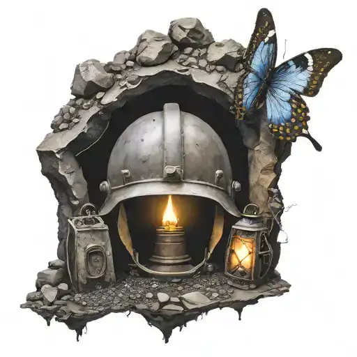 coal mine cave entrance, with a mining helmet and a oil lamp sitting in front of it, and a individual butterfly tattoo design idea