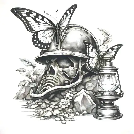 coal mine cave entrance, with a mining helmet and a oil lamp sitting in front of it, and a individual butterfly tattoo design idea
