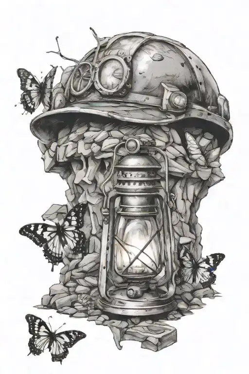 coal mine cave entrance, with a mining helmet and a oil lamp sitting in front of it, and a individual butterfly on top tattoo design idea