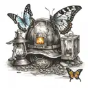 coal mine cave entrance with a mining helmet and a oil lamp sitting in front of it and a single butterfly  tattoo design idea