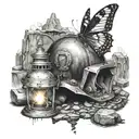 coal mine cave entrance with a mining helmet and a oil lamp sitting in front of it and a single butterfly  tattoo design idea