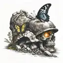 coal mine cave entrance with a mining helmet and a oil lamp sitting in front of it and a single butterfly  tattoo design idea