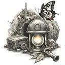 coal mine cave entrance with a mining helmet and a oil lamp sitting in front of it and a single butterfly  tattoo design idea