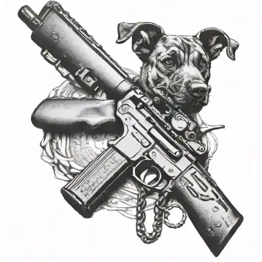 A realistic blackwork tattoo of a hunting rifle intertwined with military dog tags tattoo design idea