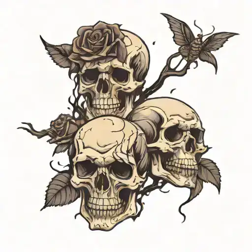 skulls in a lightening storm. black rose petals in the wind  tattoo design idea
