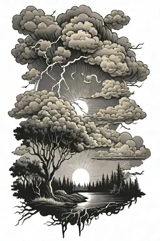 Clouds with lightning and sunrays lush forest tattoo design idea