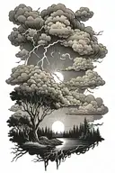 Clouds with lightning and sunrays lush forest tattoo design idea