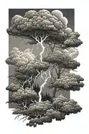 Clouds with lightning and sunrays lush forest tattoo design idea