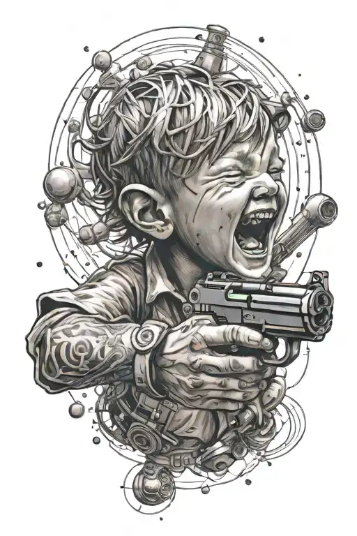 Laughing machined boy ,playing with gun, planet orbits tattoo design idea