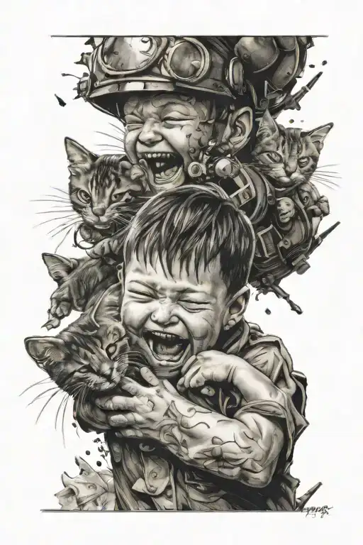 Laughing boy, with cat playing, missile dropping and explosion tattoo design idea