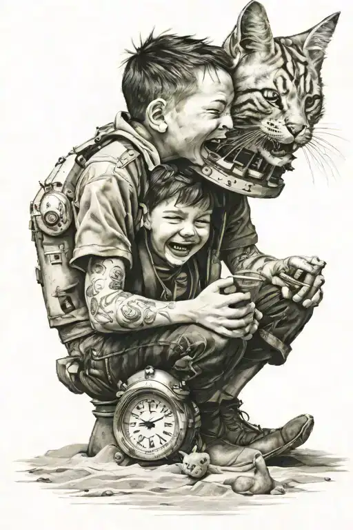 Laughing boy, with cat playing, sand clock, planet orbitting tattoo design idea