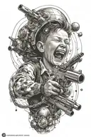 Laughing machined boy ,playing with gun, planet orbits tattoo design idea