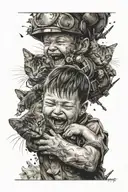 Laughing boy, with cat playing, missile dropping and explosion tattoo design idea