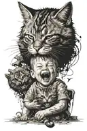 Laughing boy, with cat playing, missile dropping and explosion tattoo design idea