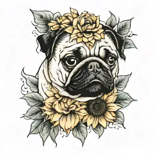 Sunflower and pug outline tattoo design idea