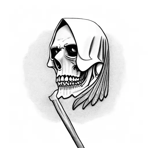 A grim reaper holding a schthe in front of the sacked of justice with a cardinal on each scale tattoo design idea