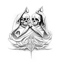 A grim reaper holding a schthe in front of the sacked of justice with a cardinal on each scale tattoo design idea