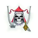 A grim reaper holding a schthe in front of the sacked of justice with a cardinal on each scale tattoo design idea